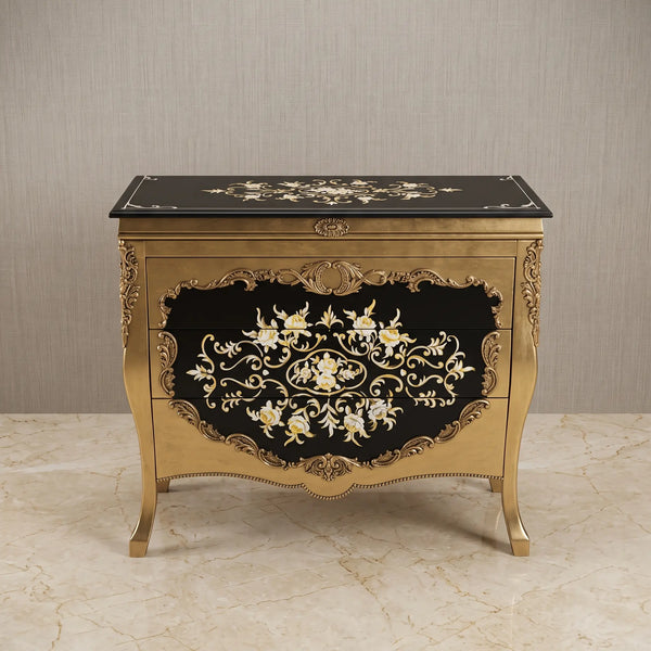 Black & Gold Bombé Chest – Floral Medallion Design