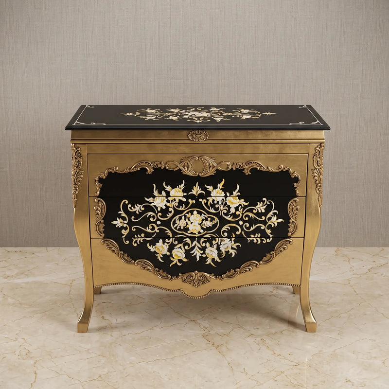 Black & Gold Bombé Chest – Floral Medallion Design