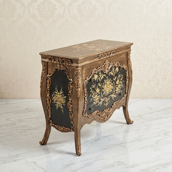Antique Bronze Bombé Chest – Gold Floral Design