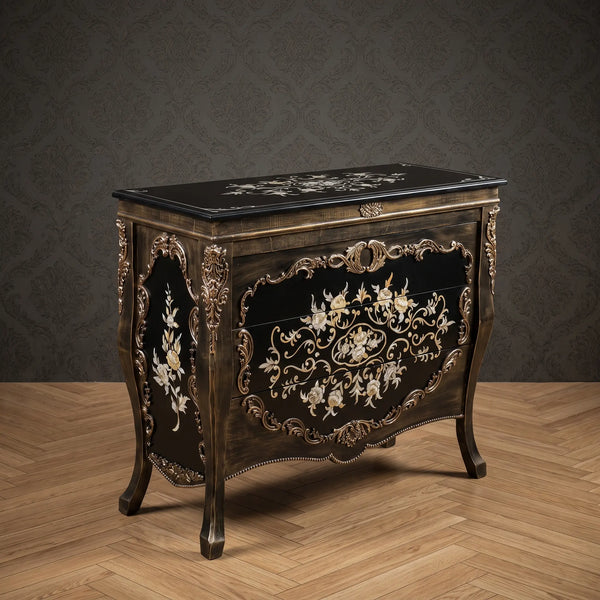 Black & Bronze Bombé Chest – White Floral Design