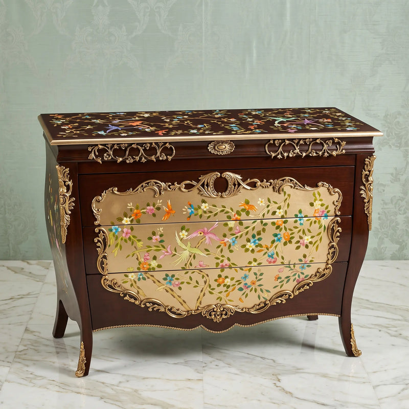 Mahogany Bombé Chest – Bird & Floral Design