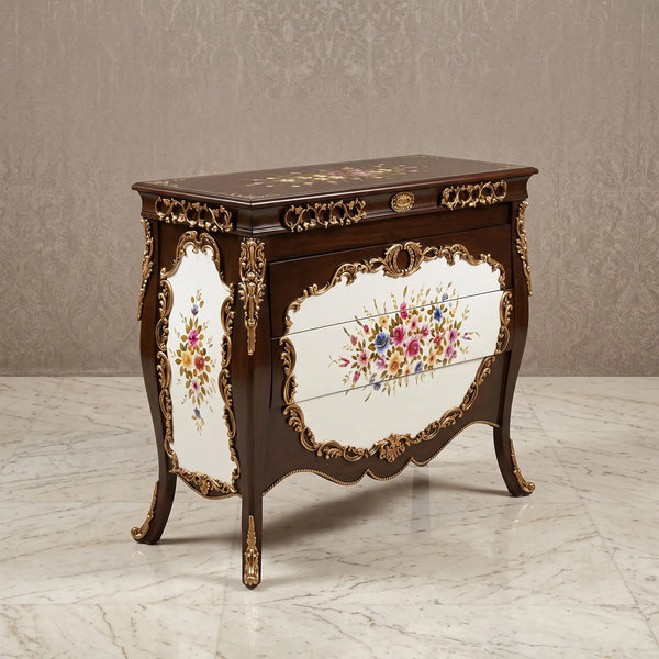 Mahogany Bombé Chest – White Floral Panel Design