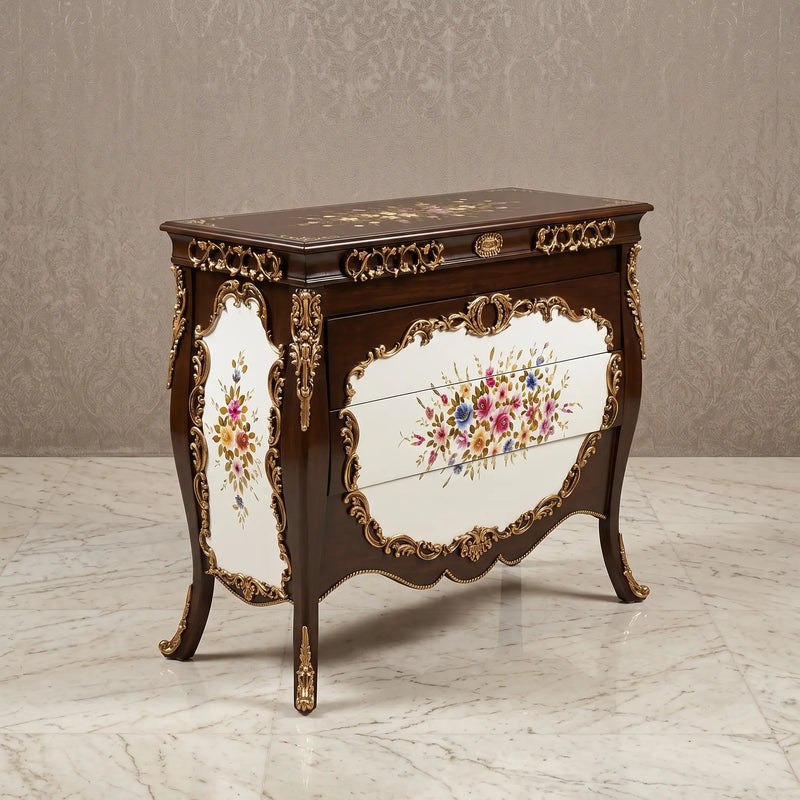 Mahogany Bombé Chest – White Floral Panel Design