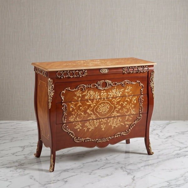 Mahogany Bombé Chest – Gold Floral Marquetry Design