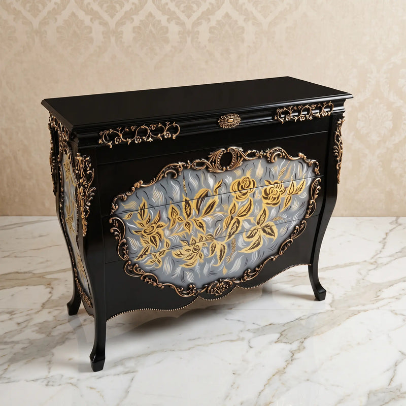 Black & Gold Bombé Chest – Grey Floral Panel Design