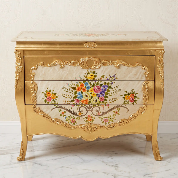 Gold Bombé Chest – Multicolor Floral Bouquet Design