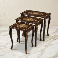 Dark Mahogany Nesting Tables – Gold Floral Inlay Design