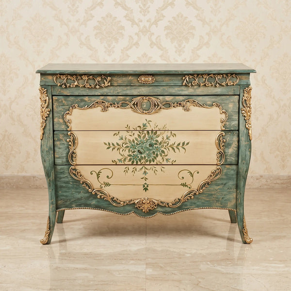 Weathered Teal Bombé Chest – Blue Floral Bouquet Design