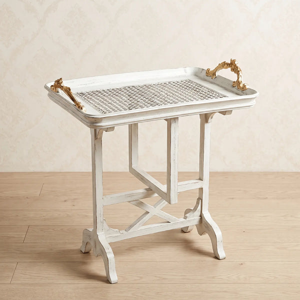 Antique White Tray Table – Woven Cane Design