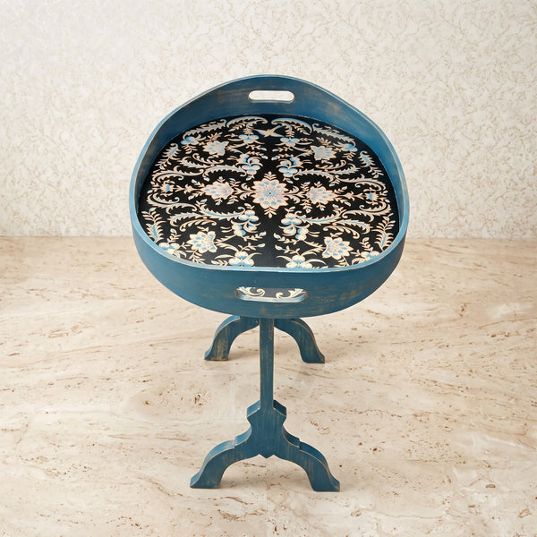 Weathered Blue Oval Tray Table – Damask Floral Design
