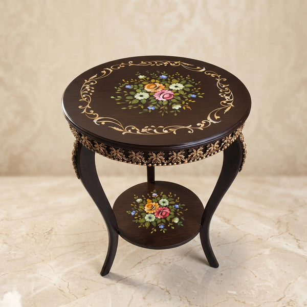 Dark Wood Round Table – Colorful Floral Bouquet Design