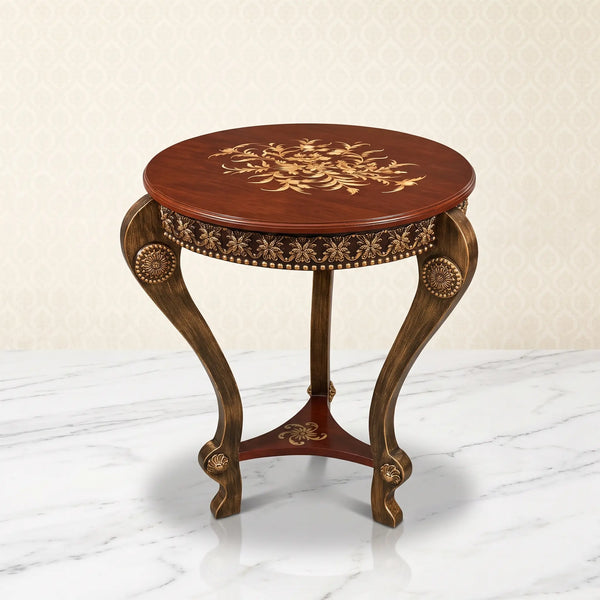 Reddish Brown & Gold Round Table – Floral Medallion Design