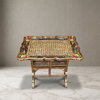 Antique Gold Tray Table – Woven Cane & Floral Design