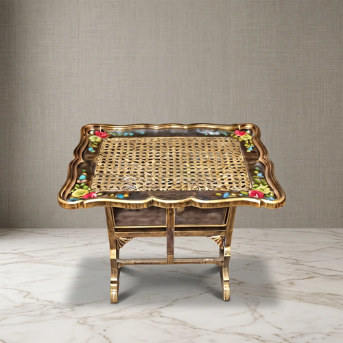 Antique Gold Tray Table – Woven Cane & Floral Design