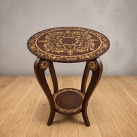 Classic Wood Round Table – Gold Scroll Medallion Design