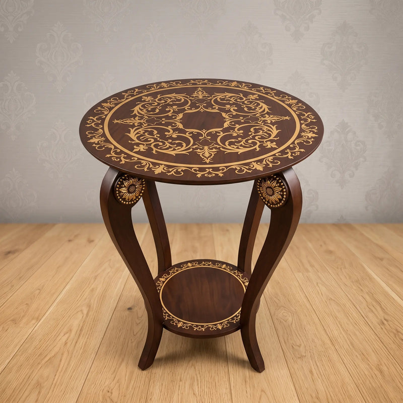 Classic Wood Round Table – Gold Scroll Medallion Design