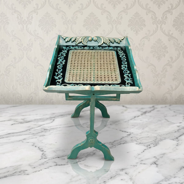 Weathered Teal Tray Table – Woven Cane Design