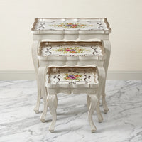 White Scalloped Nesting Tables – Floral Scroll Design
