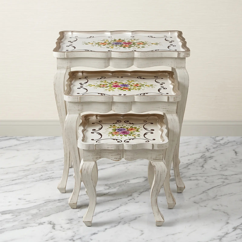 White Scalloped Nesting Tables – Floral Scroll Design