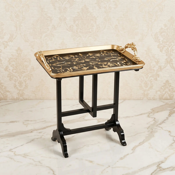 Black & Gold Tray Table – Floral Vine Design