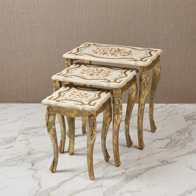 Vintage Ivory Nesting Tables – Hand-Painted Floral Scroll Design