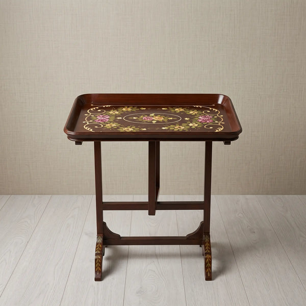 Mahogany Tray Table – Multicolor Floral Bouquet Design