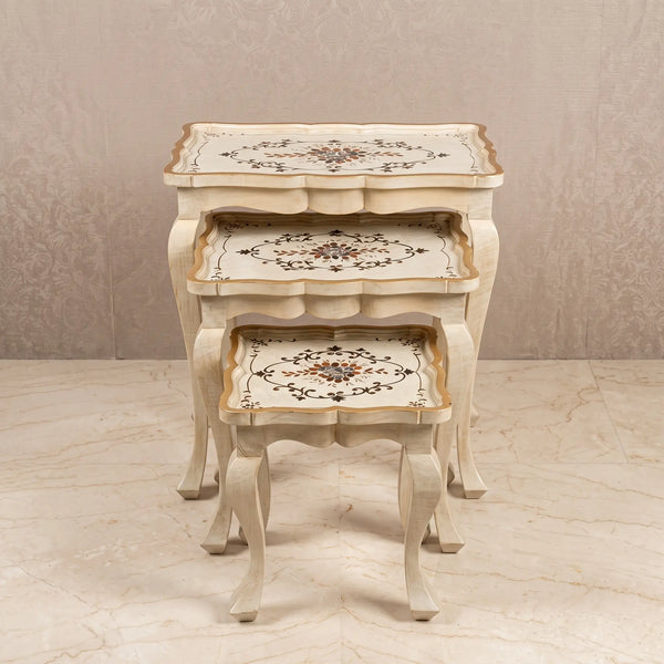 Ivory & Gold Scalloped Nesting Tables – Floral Scroll Design