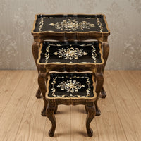 Black & Cream Nesting Tables – Floral Scroll Design