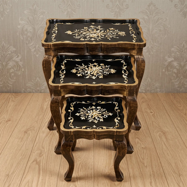 Black & Cream Nesting Tables – Floral Scroll Design
