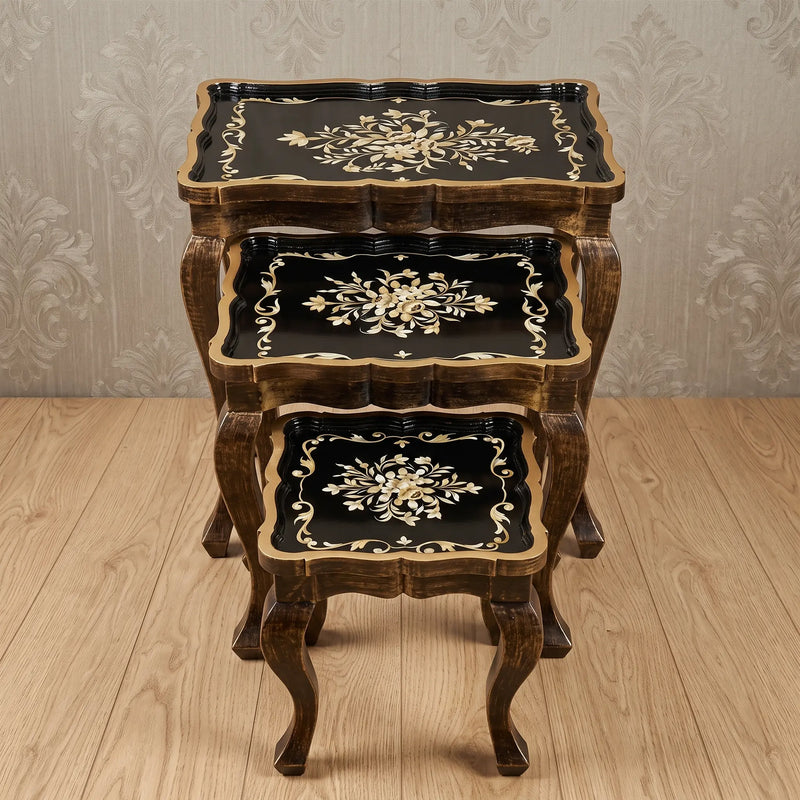 Black & Cream Nesting Tables – Floral Scroll Design