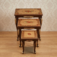 Warm Wood Nesting Tables – Floral Medallion & Gold Leaf Design