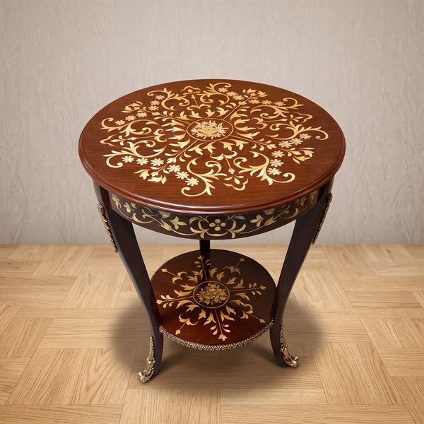 Mahogany Round Table – Gold Floral Medallion Design