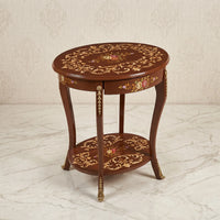 Oval Wooden Side Table – Hand-Painted Scroll & Floral Design