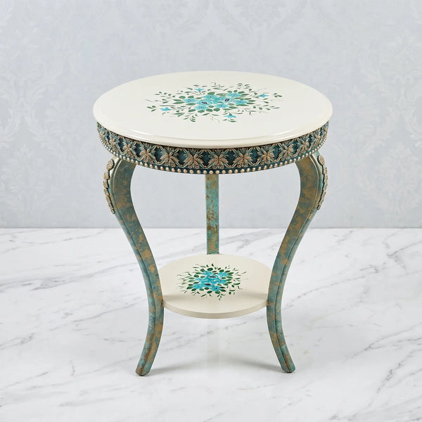 Vintage Teal & Ivory Round Table – Floral Bouquet Design