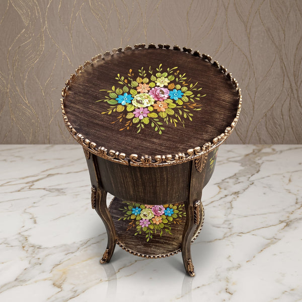 Weathered Brown Round Table – Multicolor Floral Design
