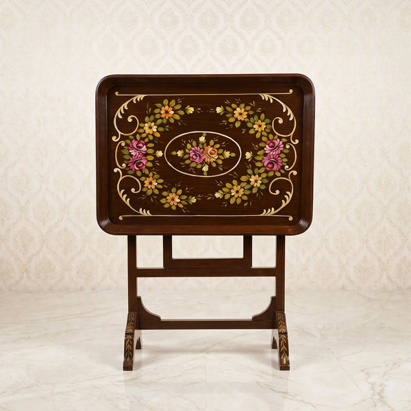 Mahogany Tray Table – Multicolor Floral Bouquet Design
