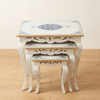 Antique White Nesting Tables – Blue Floral Medallion Design