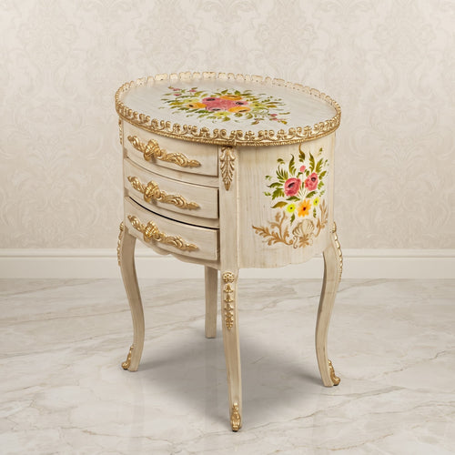 Antique White Oval Side Table – Multicolor Floral Bouquet Design