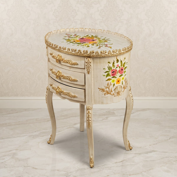 Antique White Oval Side Table – Multicolor Floral Bouquet Design