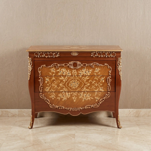 Mahogany Bombé Chest – Gold Floral Marquetry Design