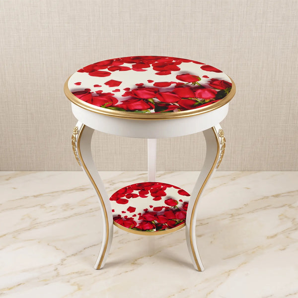 Romantic White & Gold Round Table – Red Rose Design
