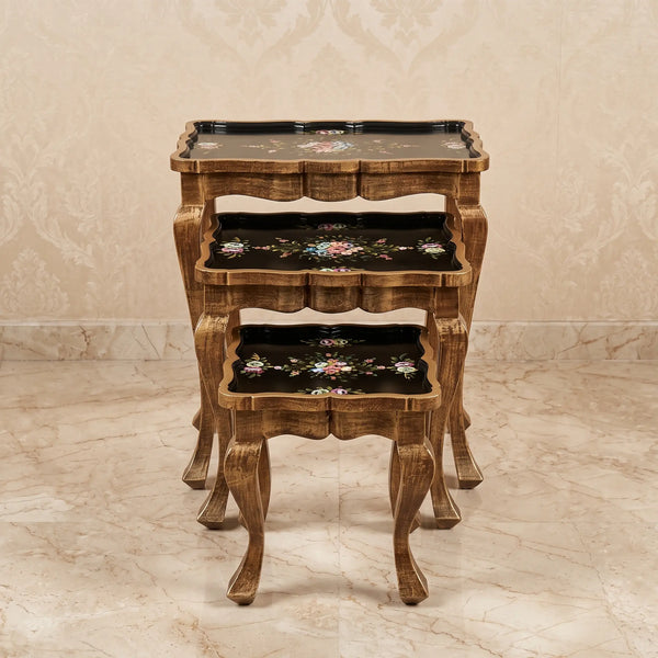 Distressed Black Nesting Tables – Soft Floral Design