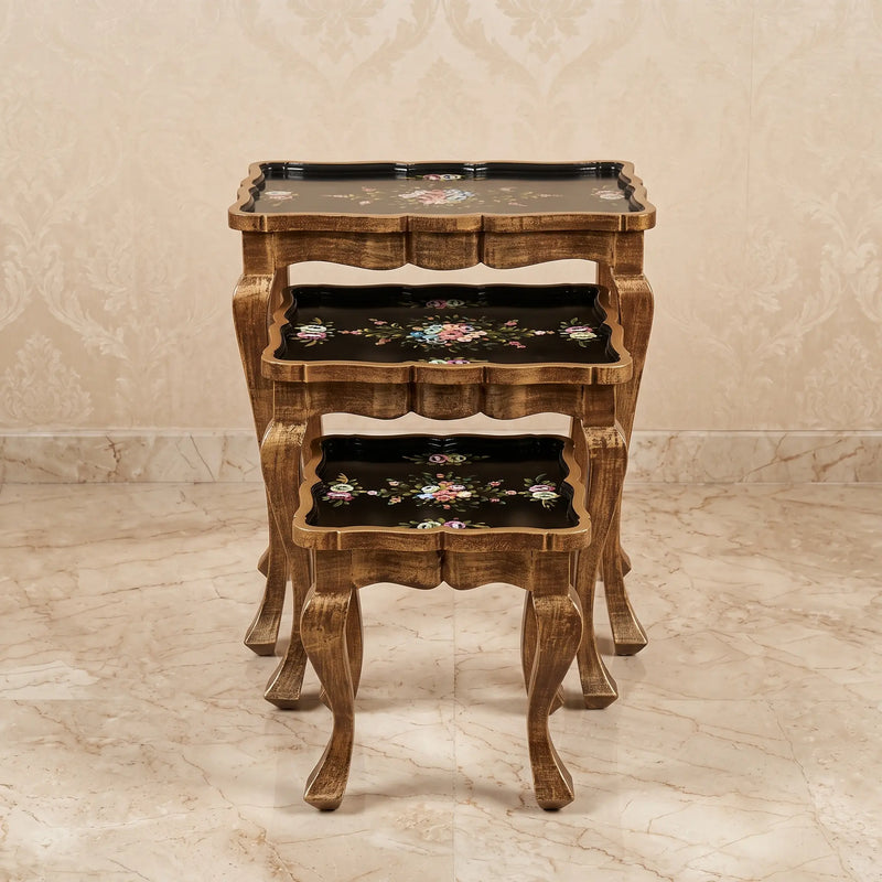 Distressed Black Nesting Tables – Soft Floral Design