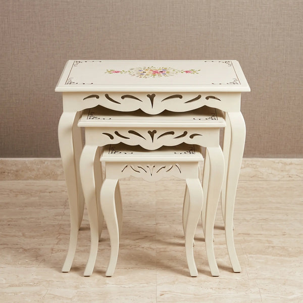 Cream Carved Nesting Tables – Floral & Heart-Scroll Design