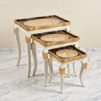 Classic White & Gold Nesting Tables – Woven Cane Rattan Design