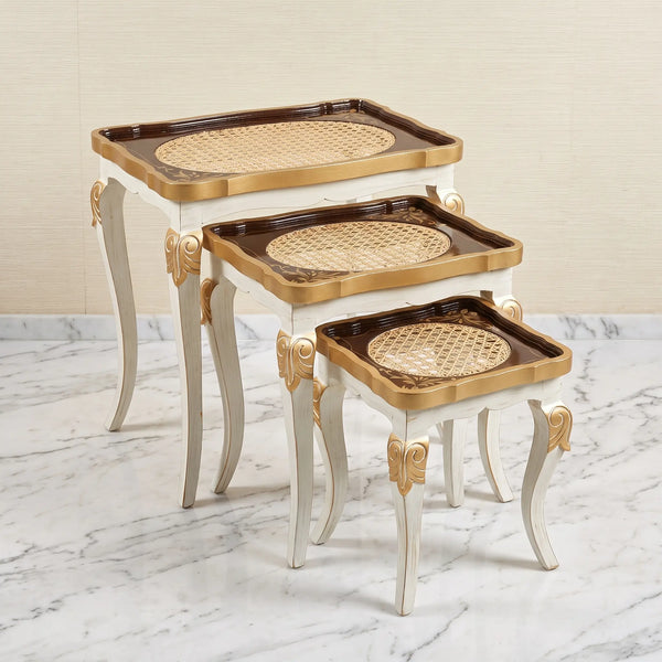 Classic White & Gold Nesting Tables – Woven Cane Rattan Design