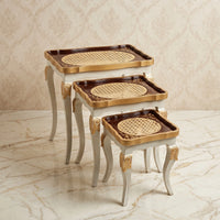 Classic White & Gold Nesting Tables – Woven Cane Rattan Design