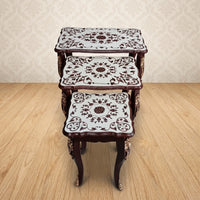 Ivory & Mahogany Nesting Tables – Floral Medallion Design