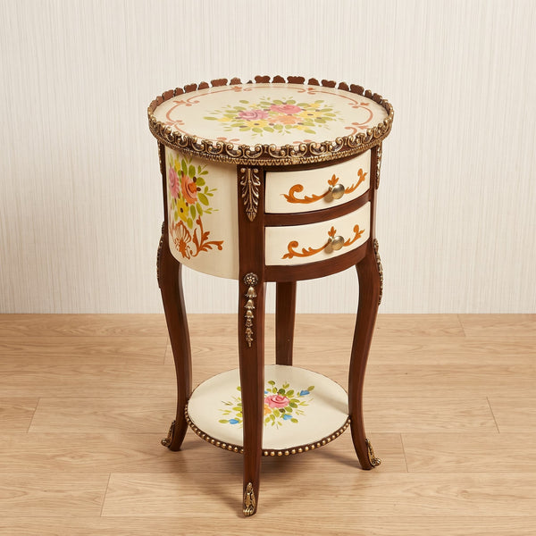 Antique Cream Round Table – Floral Scroll Design
