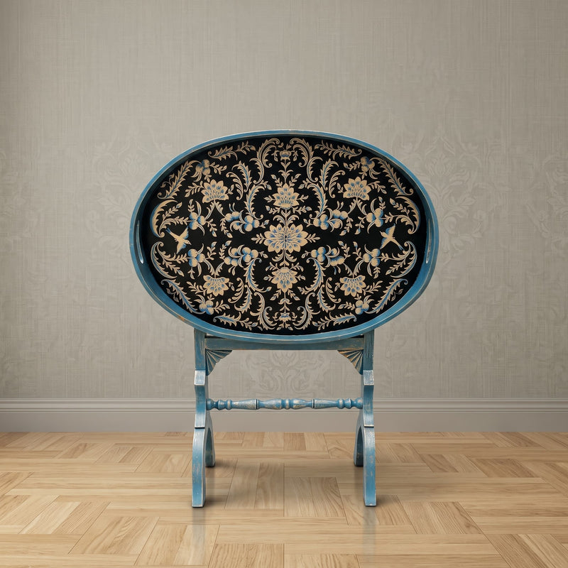 Weathered Blue Oval Tray Table – Damask Floral Design